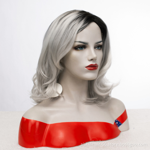 Fashion synthetic long straight hair wigs ombre black to silver gray wig mix hair natural layer wave for women